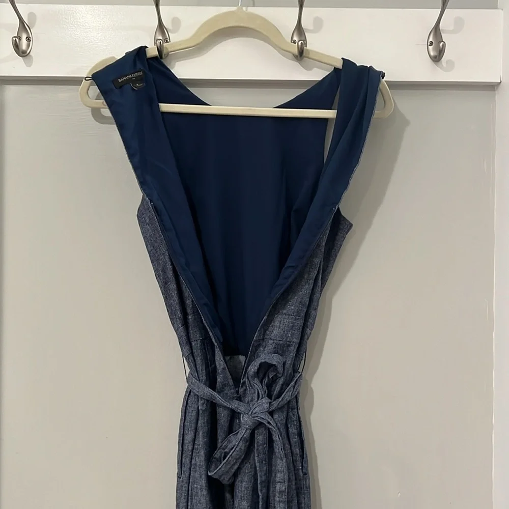 Banana Republic Chambray Blue Linen Blend Tie Waist Jumpsuit
